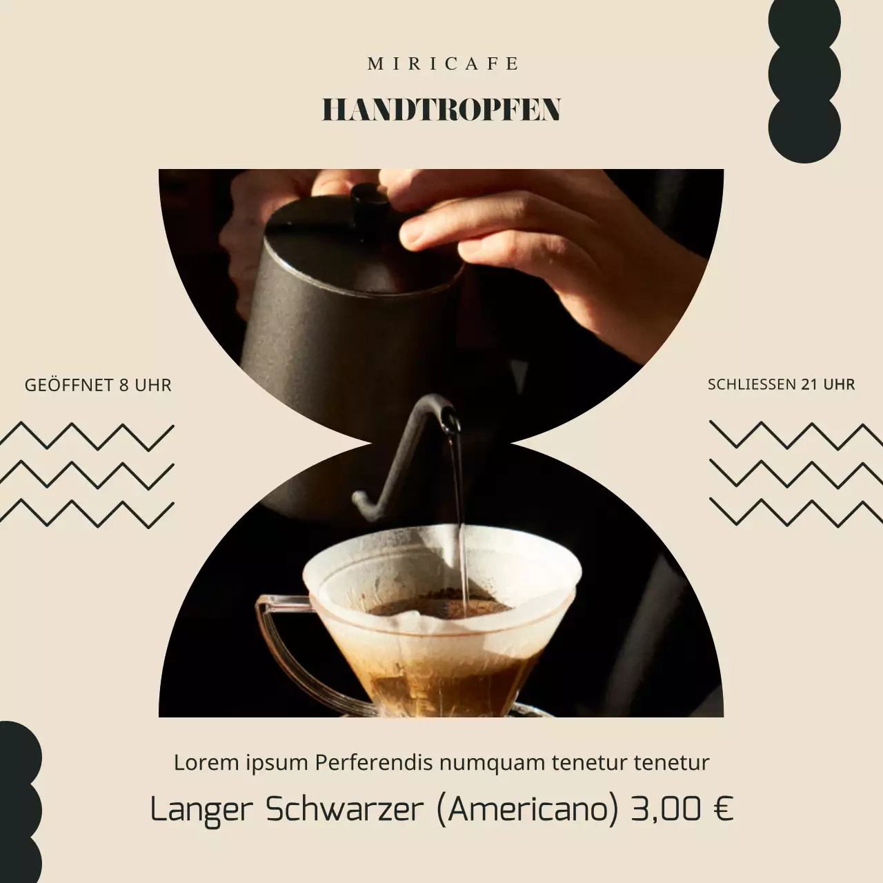 Eine einfache Anzeige für ein Café in Grün und Elfenbein