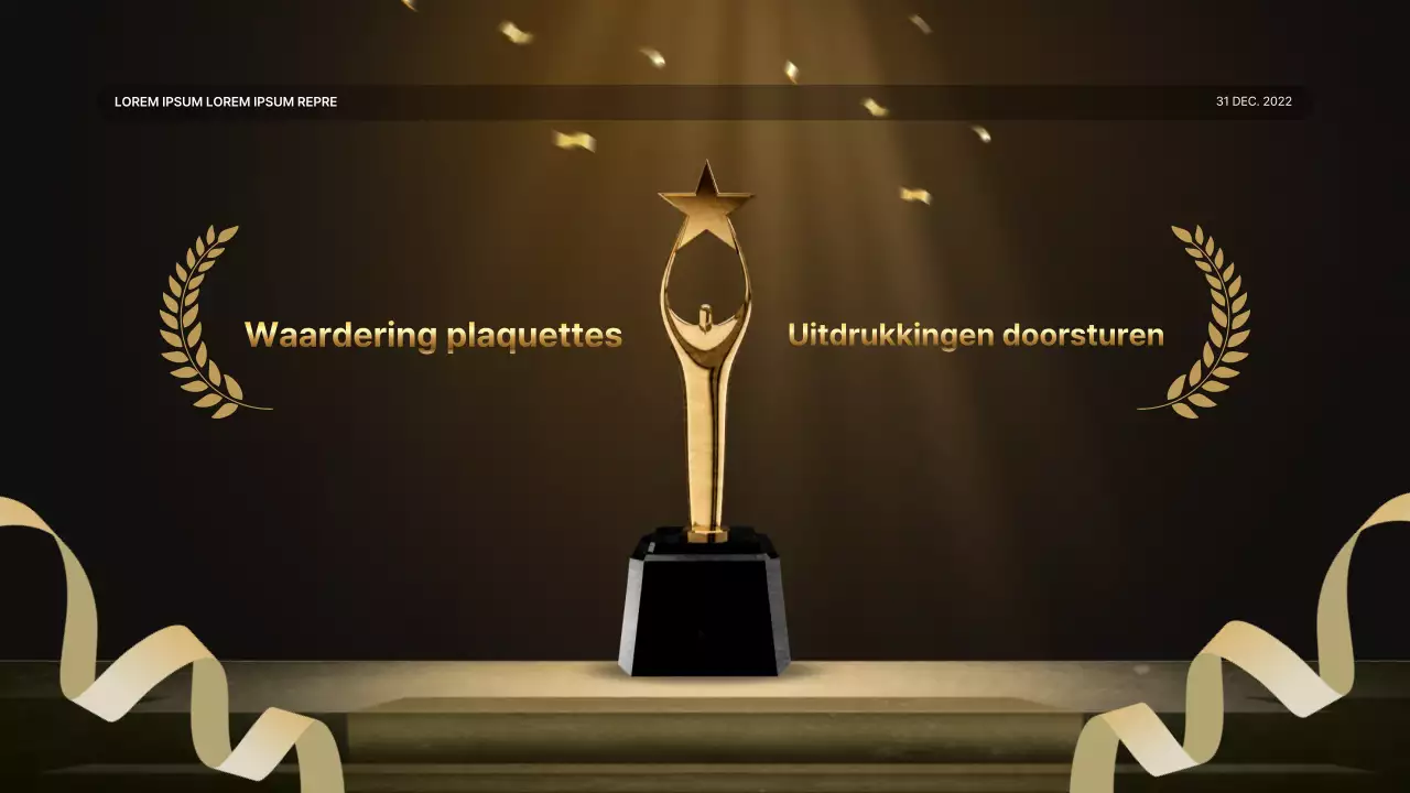 Een luxe gouden en bruine prestatiepresentatie en verslag van het eindejaarsevenement