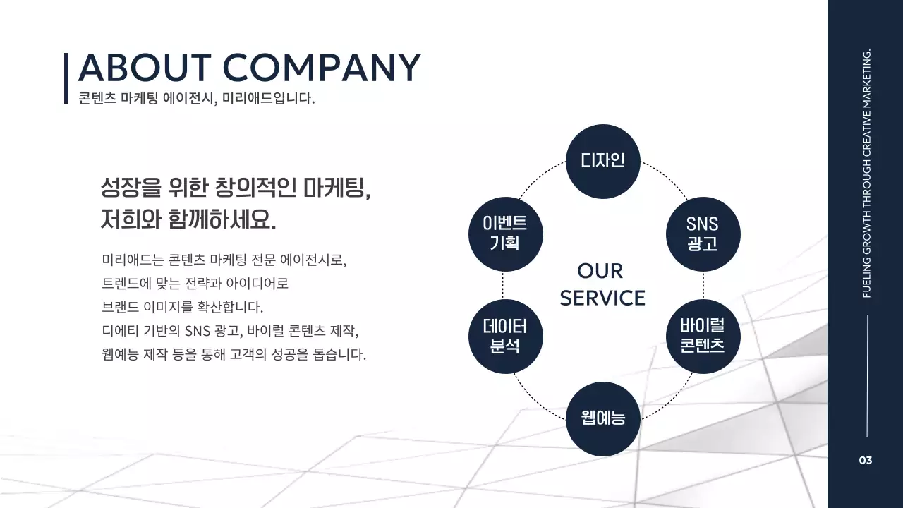 남색과 흰색의 모던한 스토리텔링 회사 소개서