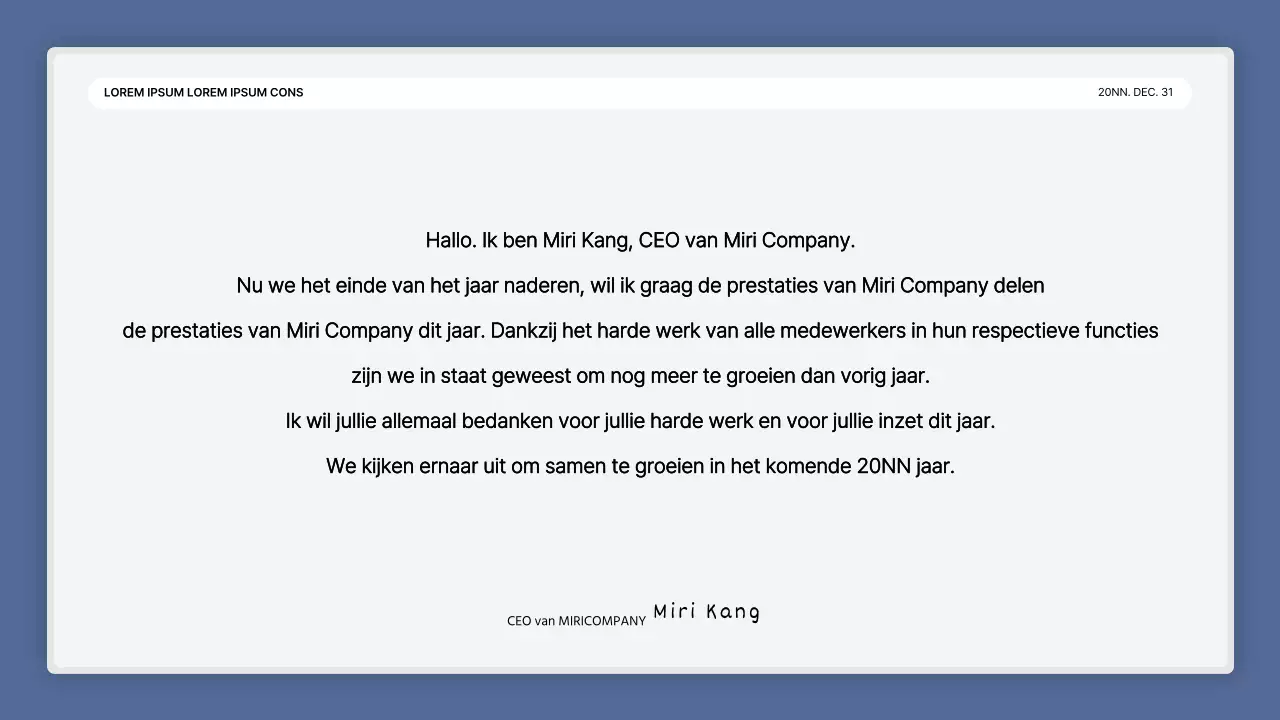 Een eenvoudige blauw-witte prestatiepresentatie en verslag van het eindejaarsevenement