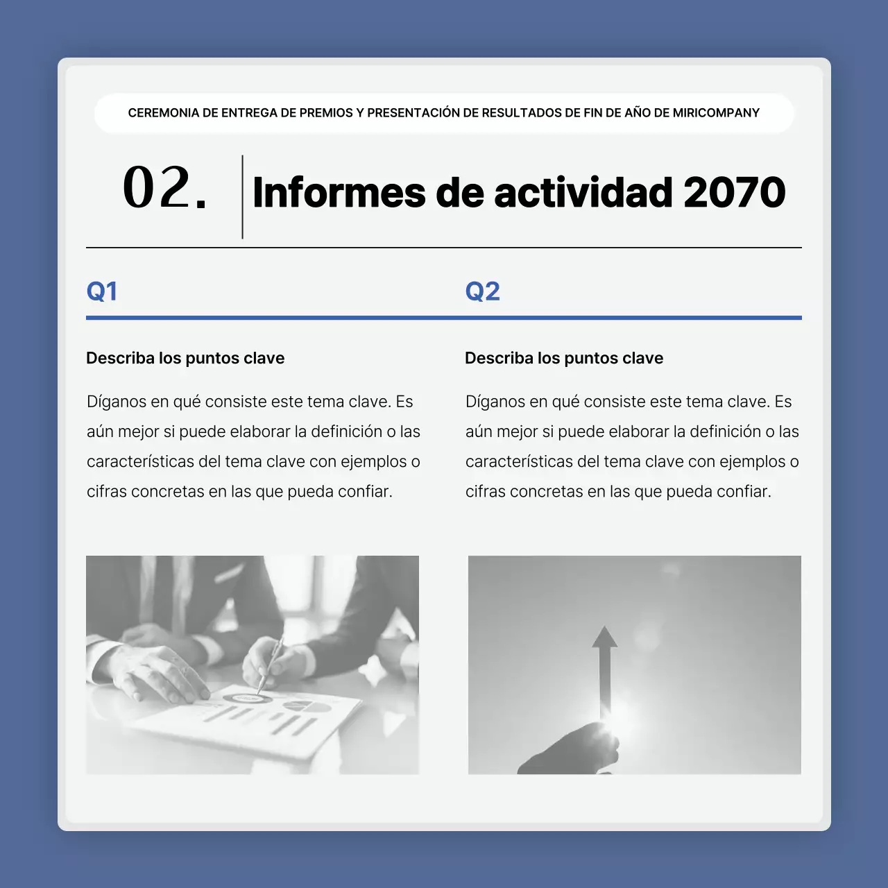 Una sencilla presentación en blanco y azul de los resultados y un informe de fin de año.