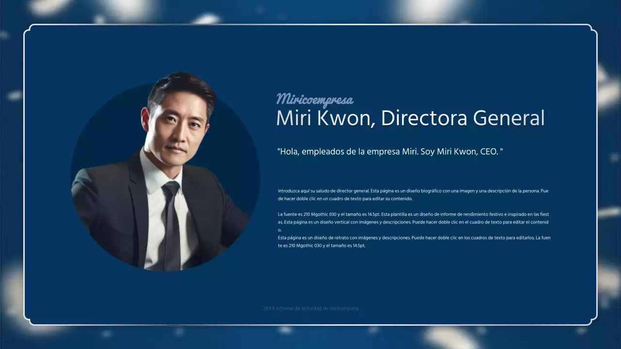 Un lujoso informe de resultados de fin de año en azul marino y plata