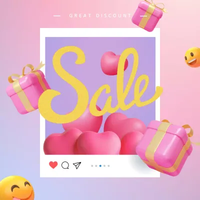 인스타그램 게시물에서 날아가는 3D 하트 선물 상자와 스마일 얼굴