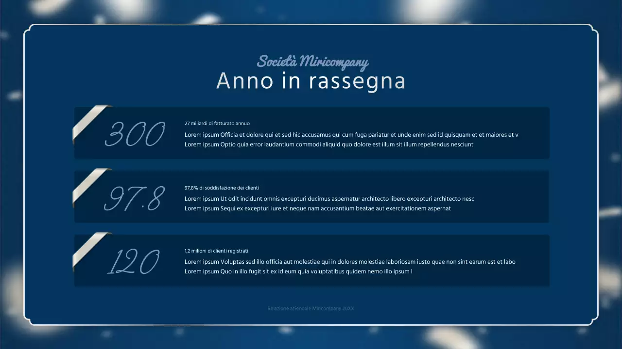 Un lussuoso rapporto sulle prestazioni di fine anno in blu navy e argento