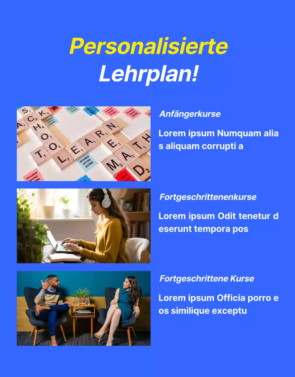 Werbung für ein kitschiges blau-gelbes Angebot für Englischunterricht