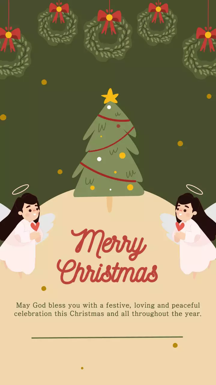 귀여운 녹색 일러스트 크리스마스 트리와 흰색 천사 인사 인스 타 그램 스토리