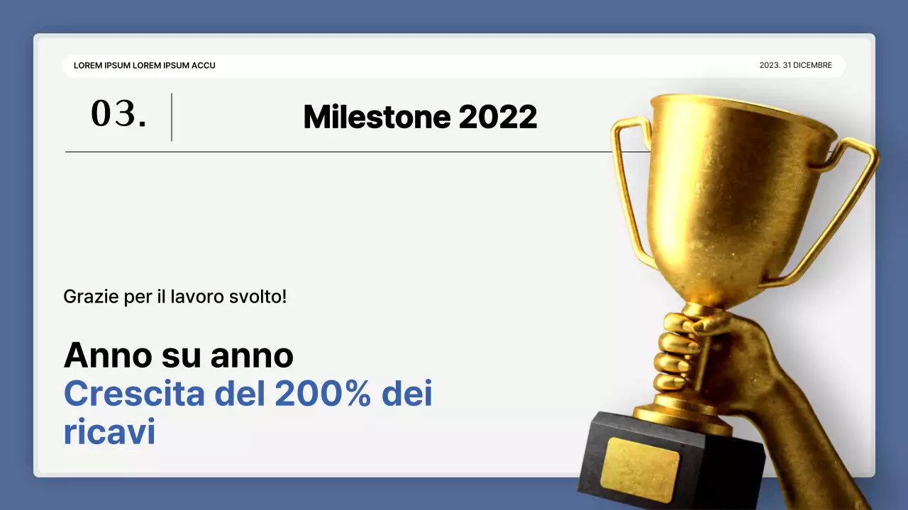 Una semplice presentazione della performance in bianco e blu e una relazione sull'evento di fine anno.