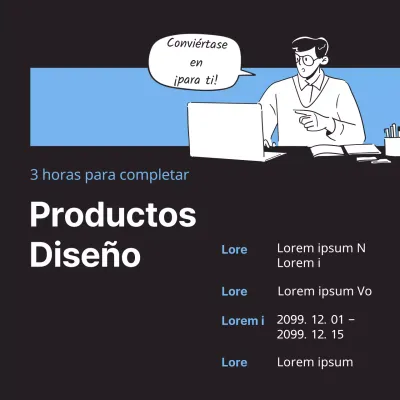 Promover una charla minimalista sobre diseño de productos en negro y azul