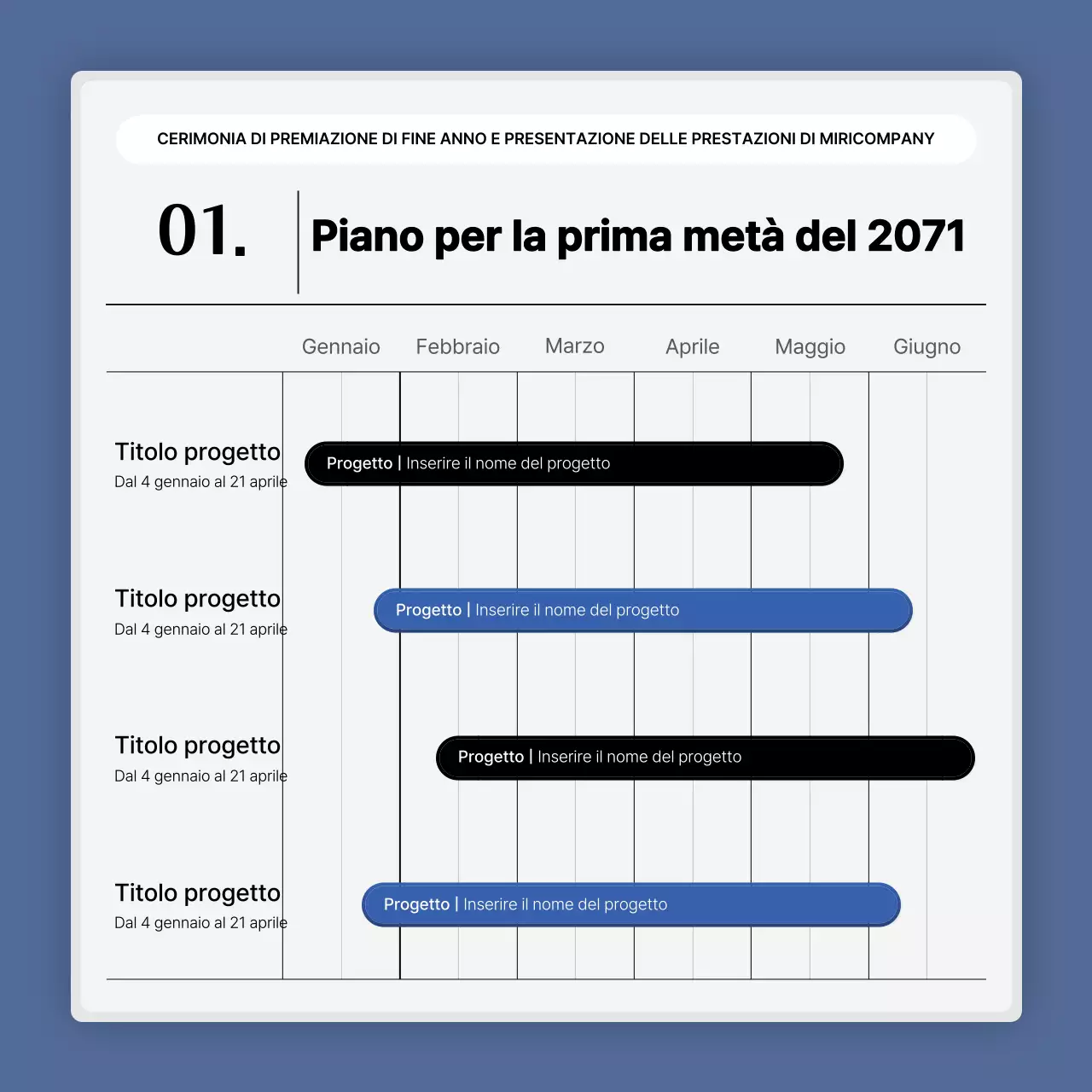Una semplice presentazione delle prestazioni in bianco e blu e una relazione sull'evento di fine anno
