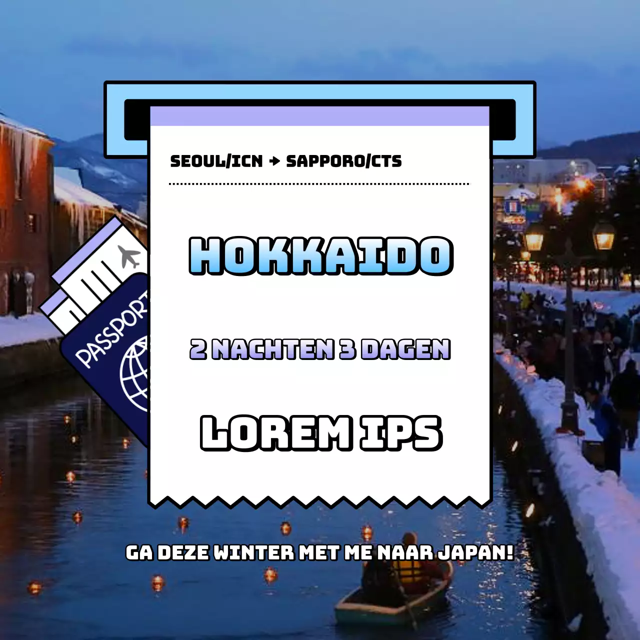 Kitscherige reispromotie voor Hokkaido in lichtblauw en mauve