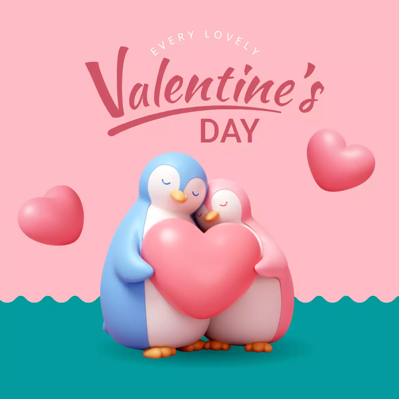 발렌타인 데이를 맞아 함께 거대한 하트를 들고 있는 3D 귀여운 펭귄 커플 인스타그램 게시물