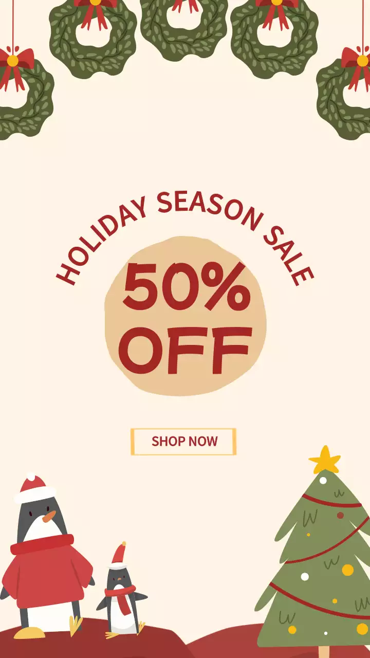 트리 화환과 펭귄 일러스트가 있는 귀여운 크리스마스 홀리데이 세일 배너