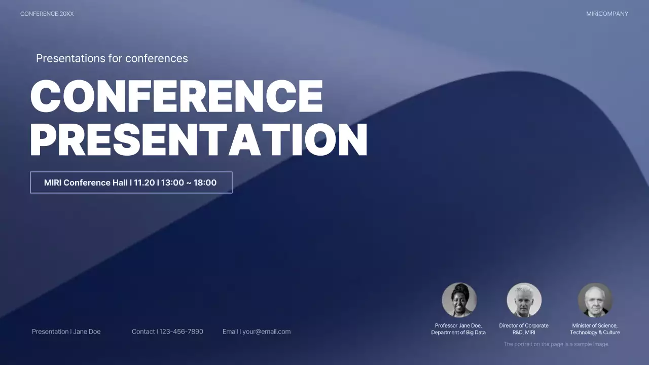 A modern conference presentation in navy blue