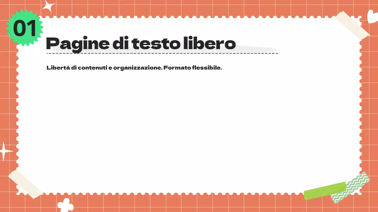 Presentazione strutturata con tonalità di arancio e chartreuse