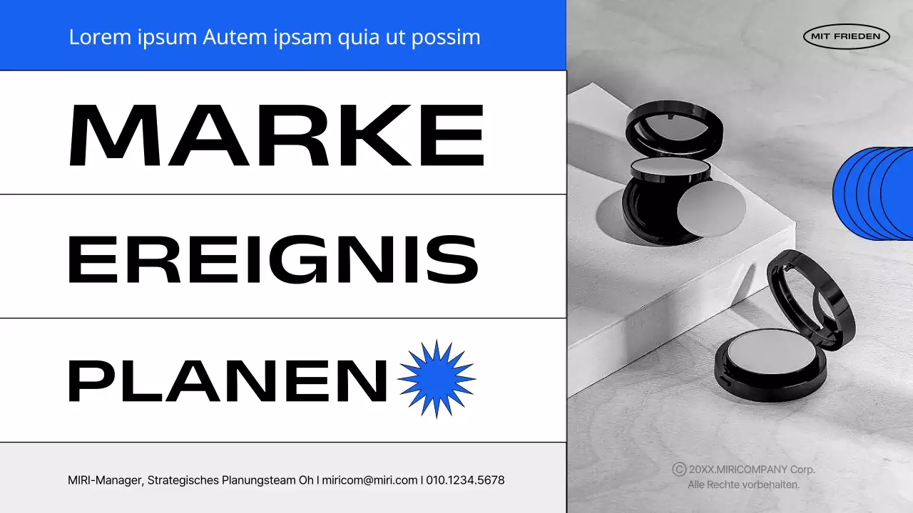 Ein einfacher, gebrandeter Veranstaltungsvorschlag in Blau und Weiß