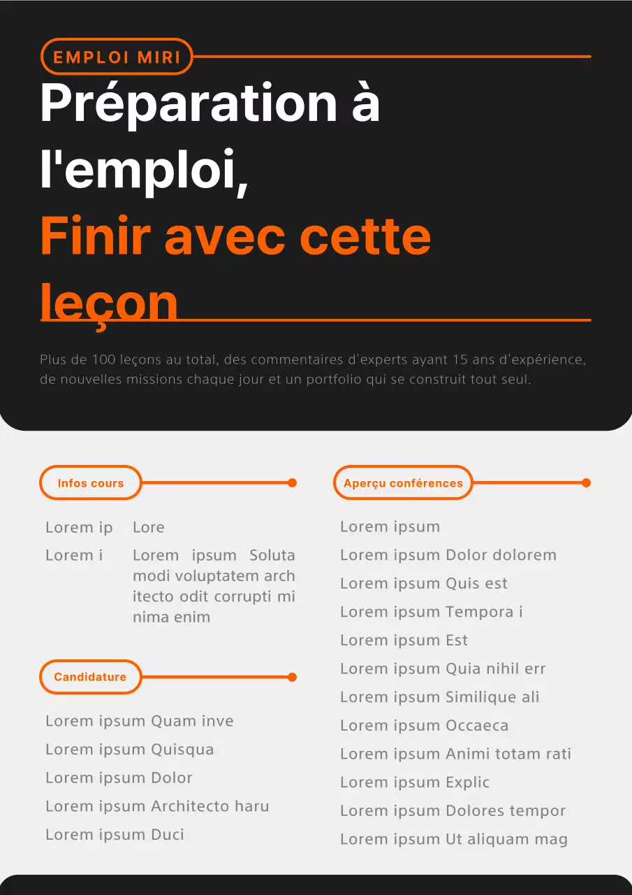 Promouvoir une leçon simple sur la recherche d'emploi en noir et orange