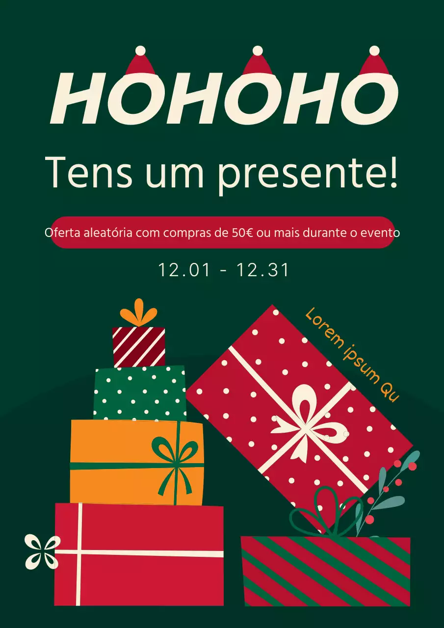 Anúncio pop-art de oferta de prendas de Natal e de férias em verde e vermelho