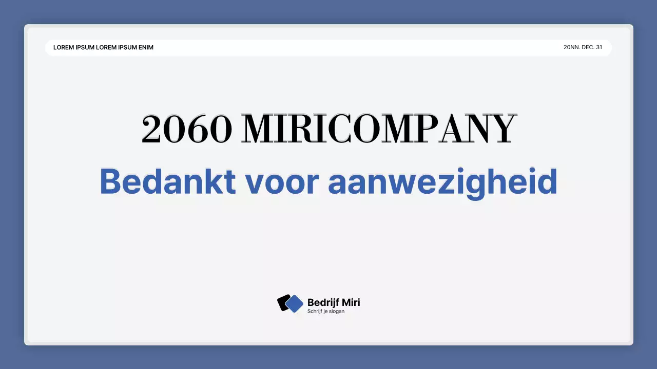 Een eenvoudige blauw-witte prestatiepresentatie en verslag van het eindejaarsevenement