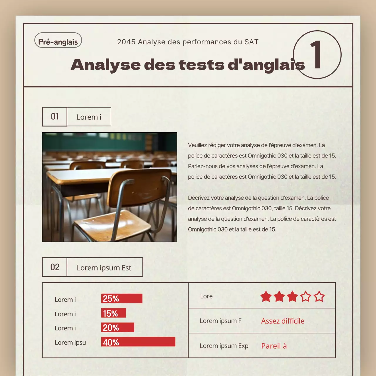 Un simple rapport beige et rouge d'analyse des tendances des examens SAT pour les académies