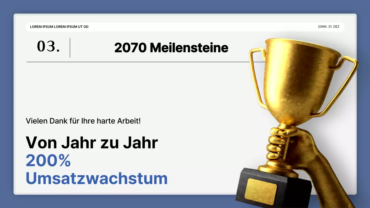 Eine einfache blau-weiße Leistungspräsentation und ein Veranstaltungsbericht zum Jahresende