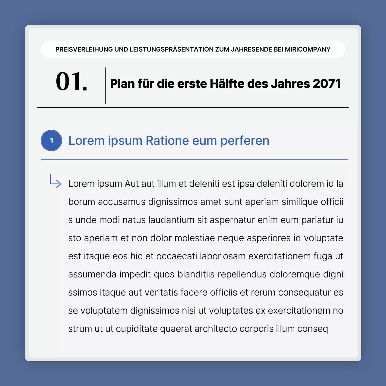 Eine einfache blau-weiße Leistungspräsentation und ein Veranstaltungsbericht zum Jahresende