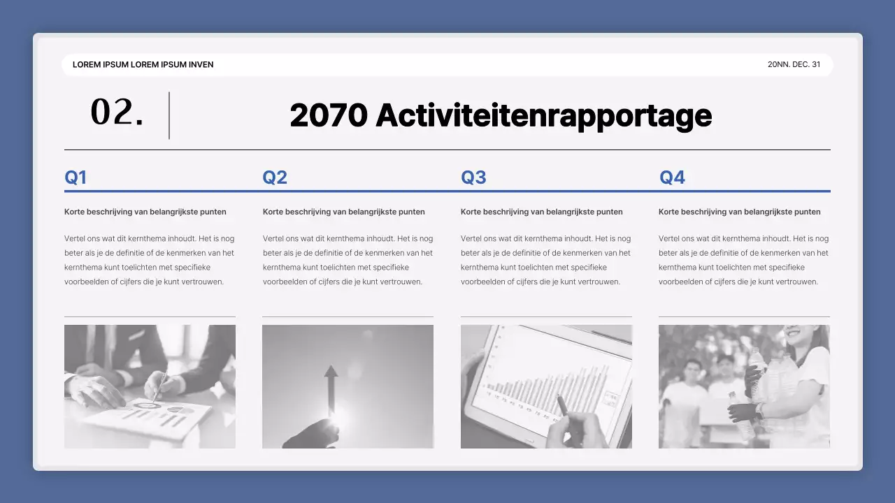 Een eenvoudige blauw-witte prestatiepresentatie en verslag van het eindejaarsevenement