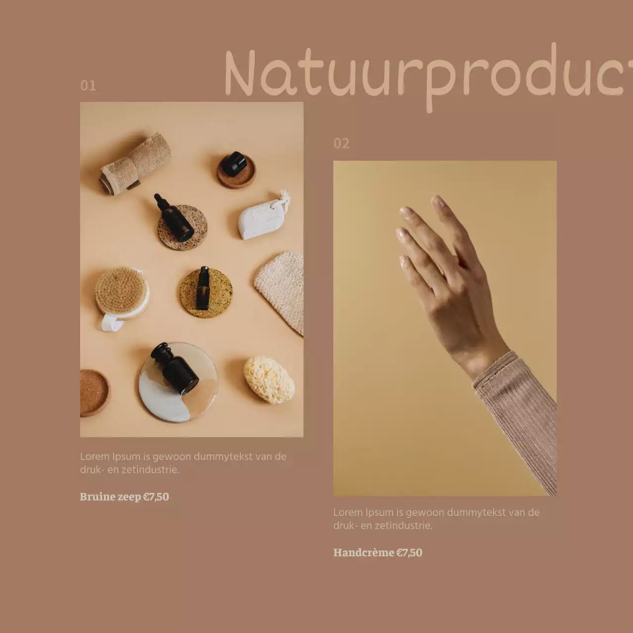 Reclame voor een luxe cosmeticamerk in bruin en ivoor.