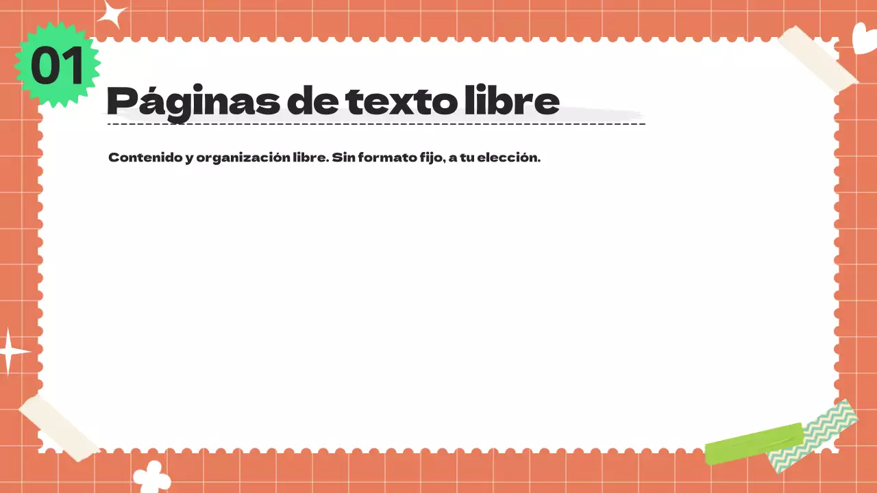 Presentación texturizada con toques de naranja y chartreuse