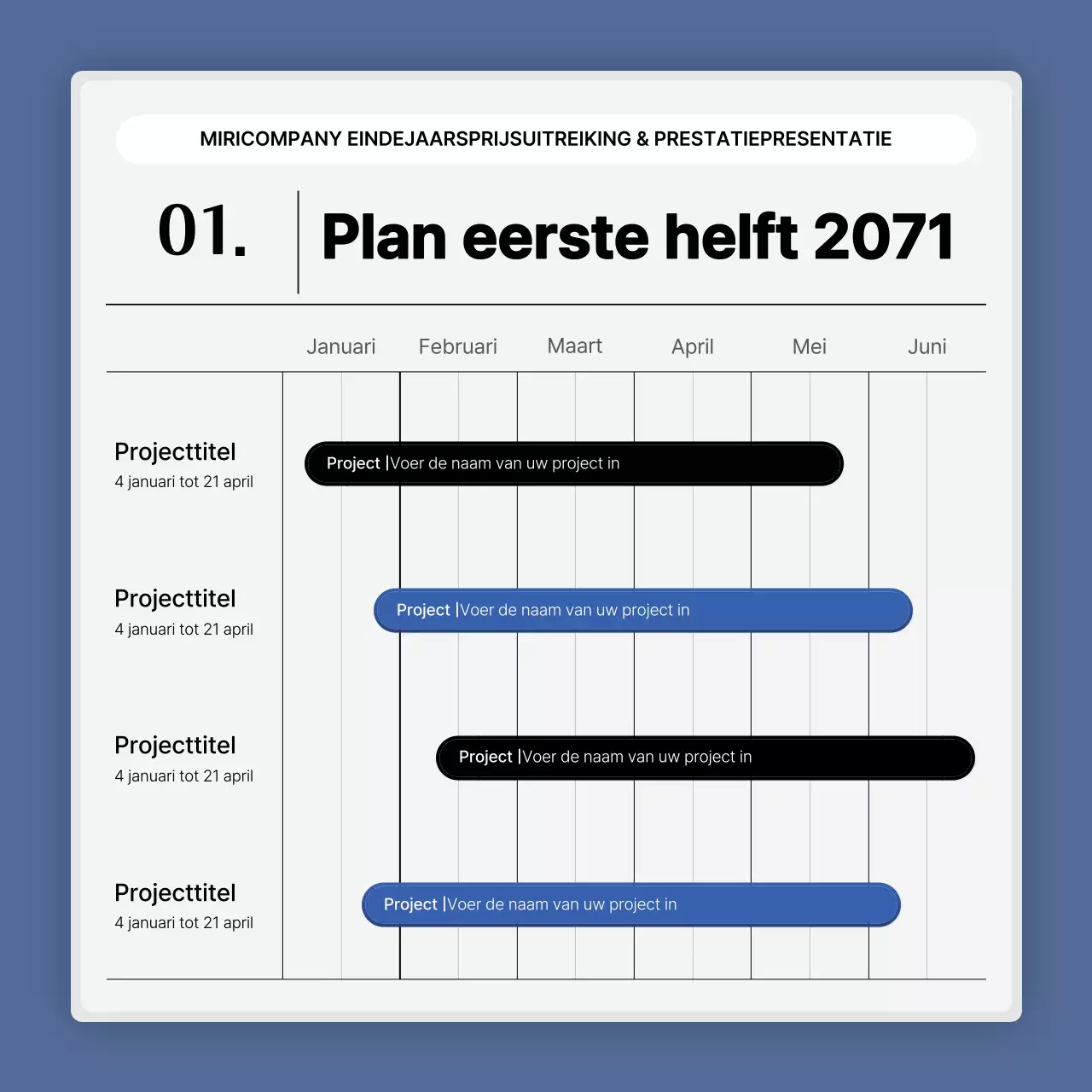 Een eenvoudige blauw-witte prestatiepresentatie en eindejaarsverslag