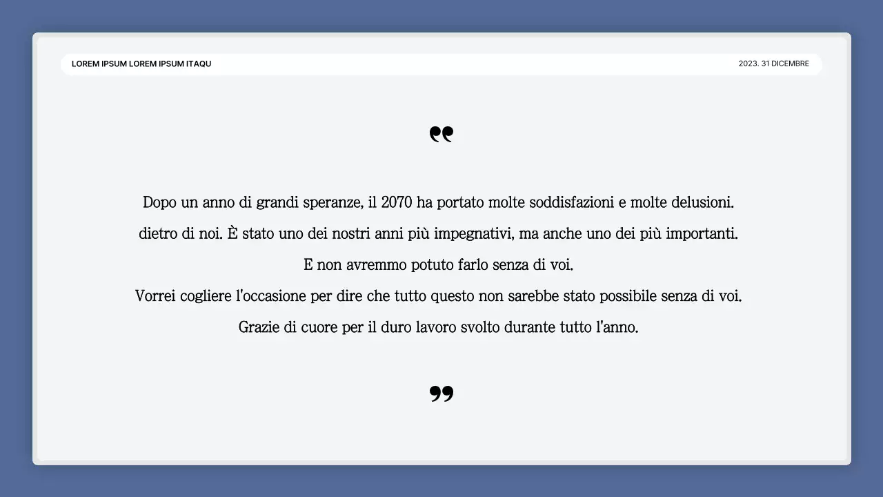 Una semplice presentazione della performance in bianco e blu e una relazione sull'evento di fine anno.