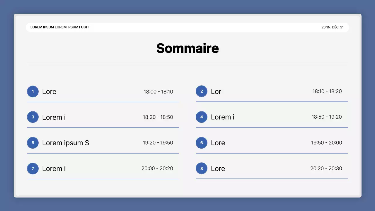 Une simple présentation de performance en bleu et blanc et un rapport sur l'événement de fin d'année