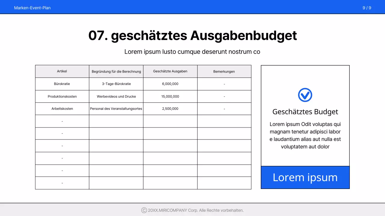 Ein einfacher, gebrandeter Veranstaltungsvorschlag in Blau und Weiß