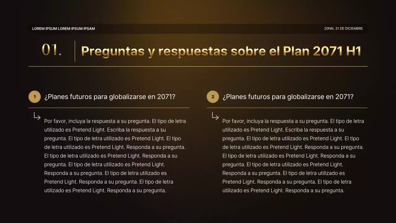 Una lujosa presentación de resultados en dorado y marrón y un informe del evento de fin de año