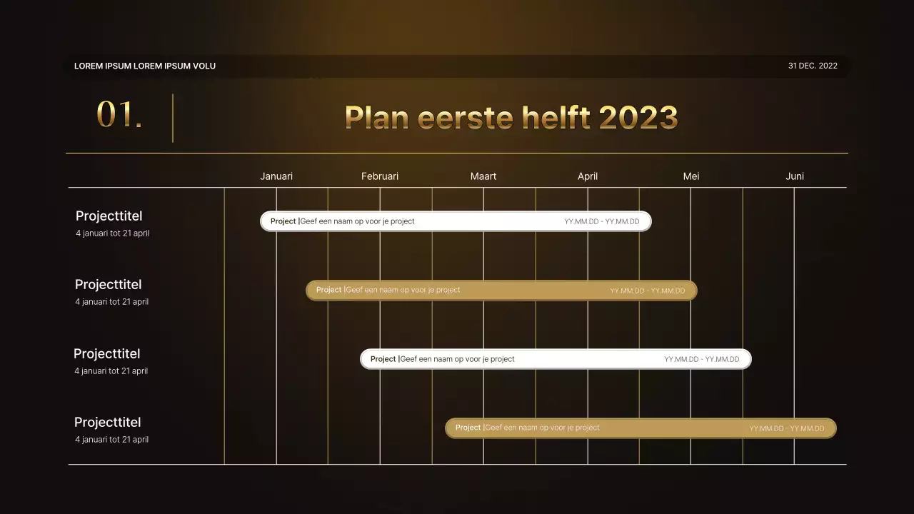 Een luxe gouden en bruine prestatiepresentatie en verslag van het eindejaarsevenement