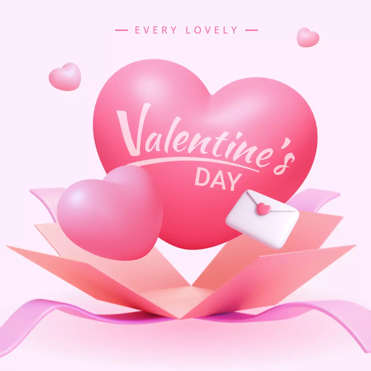 핑크 톤의 선물 상자에서 거대한 하트가 튀어나오는 3D 발렌타인데이 인스타그램 게시물