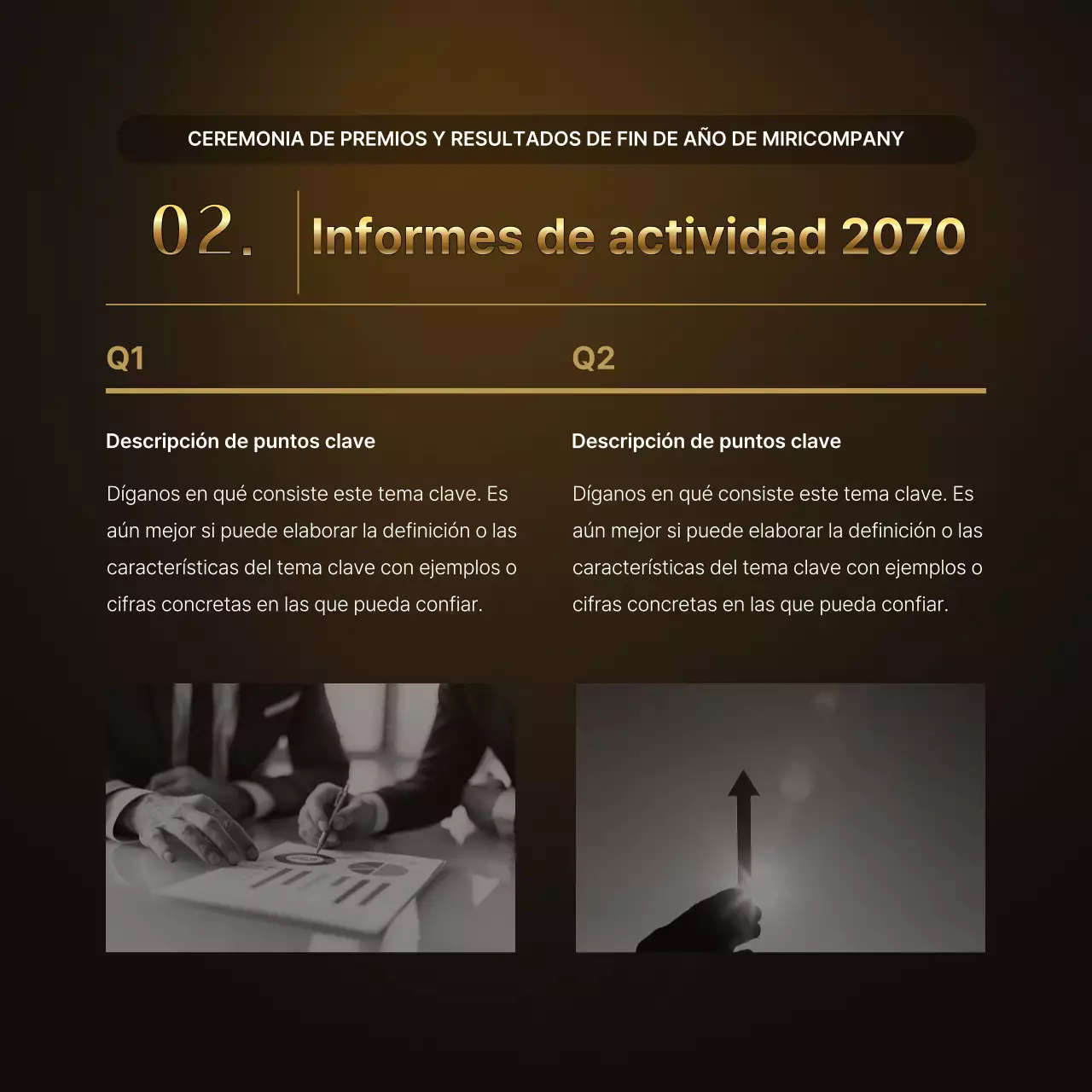 Presentaciones de resultados de lujo en oro y marrón e informes de eventos de fin de año