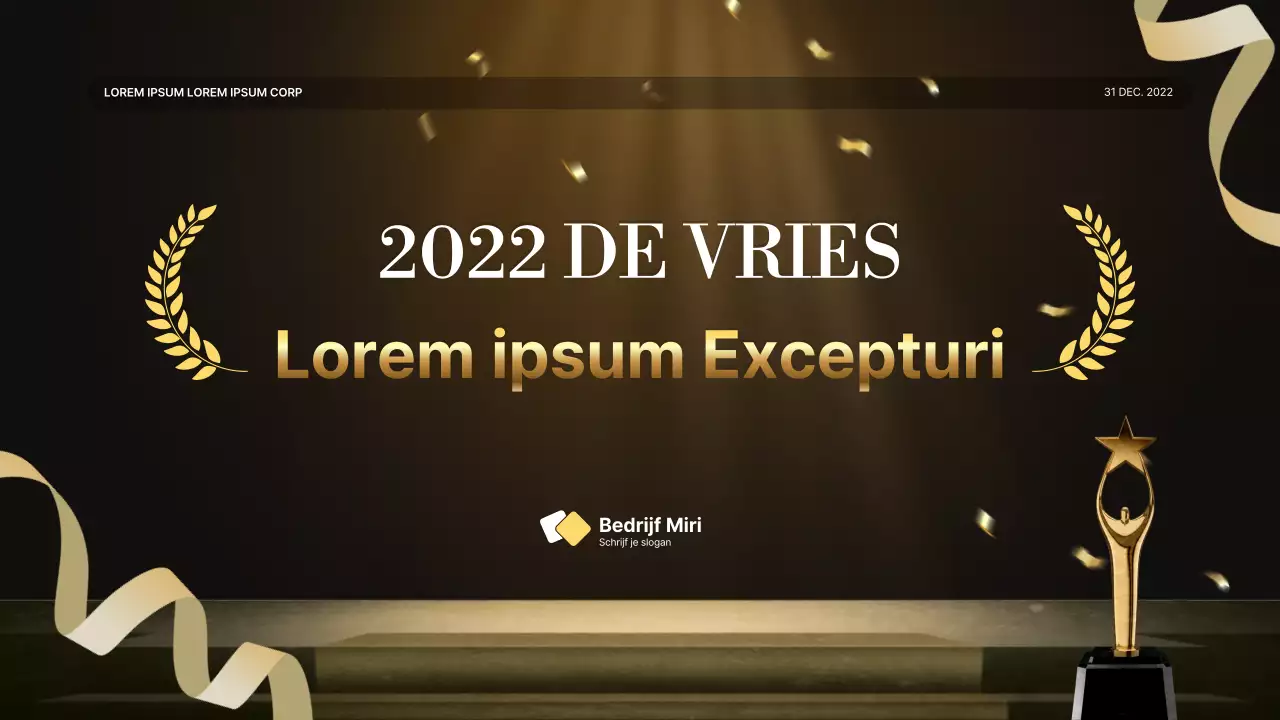 Een luxe gouden en bruine prestatiepresentatie en verslag van het eindejaarsevenement