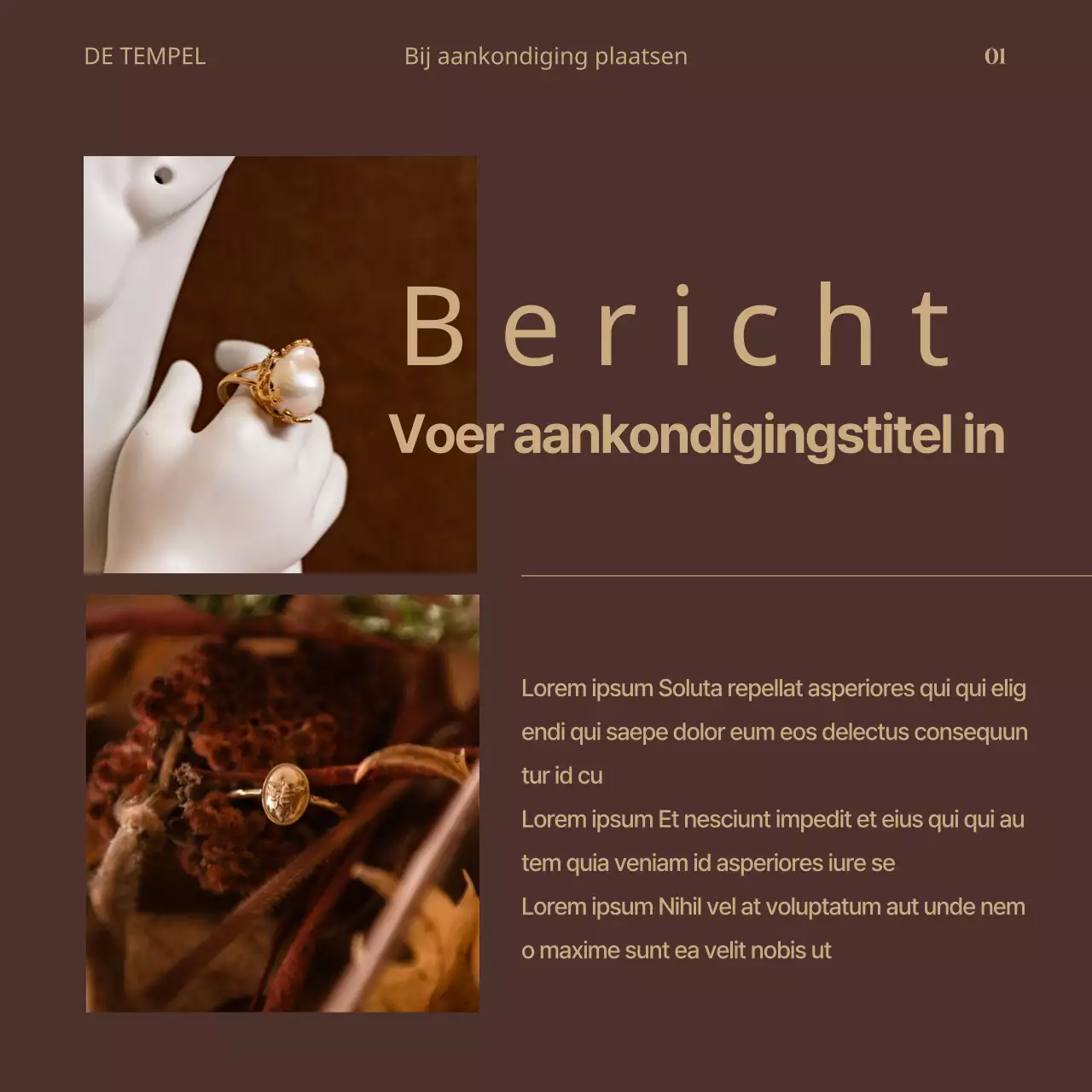 Een post van een luxemerk over bruin met gouden accenten