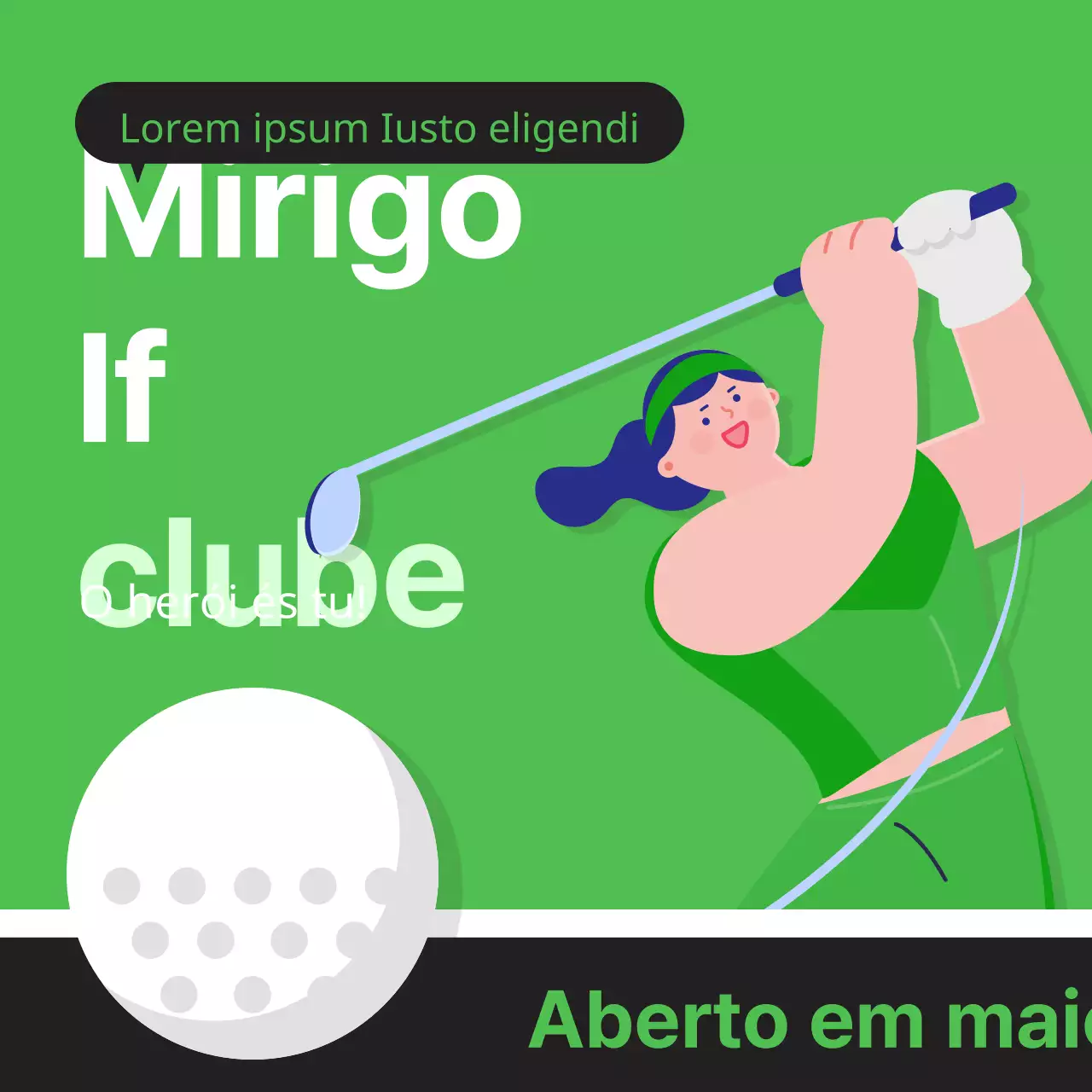 Anúncio minimalista de tacos de golfe em verde e azul