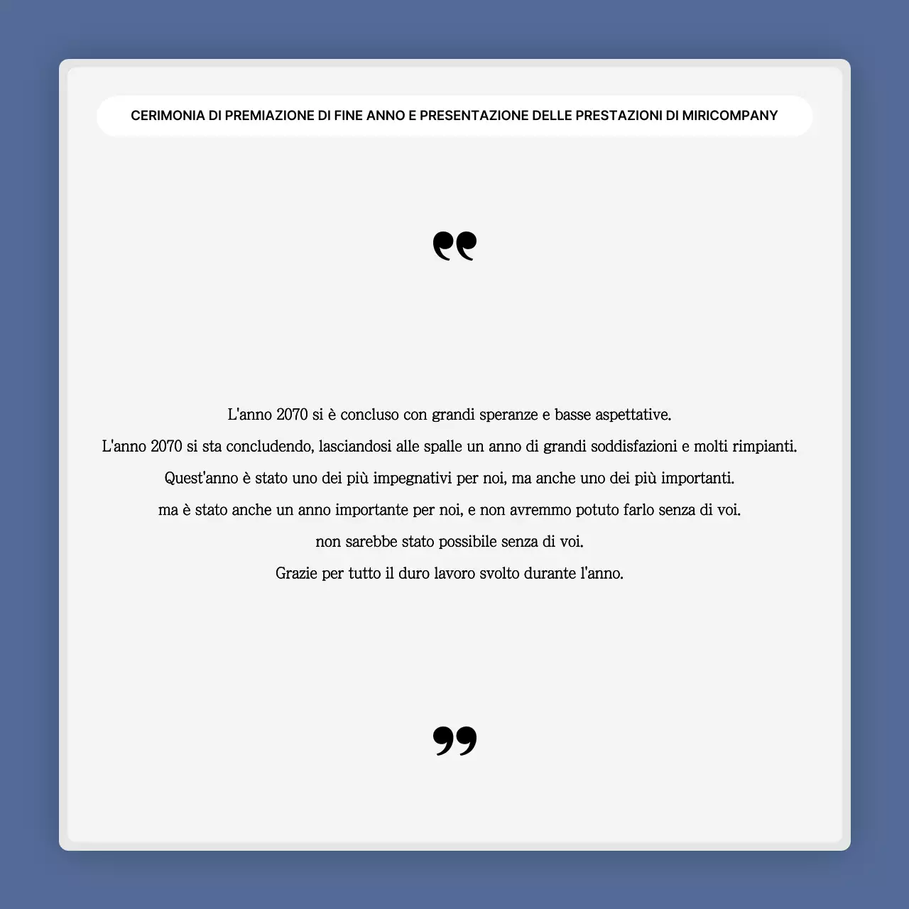 Una semplice presentazione delle prestazioni in bianco e blu e una relazione sull'evento di fine anno