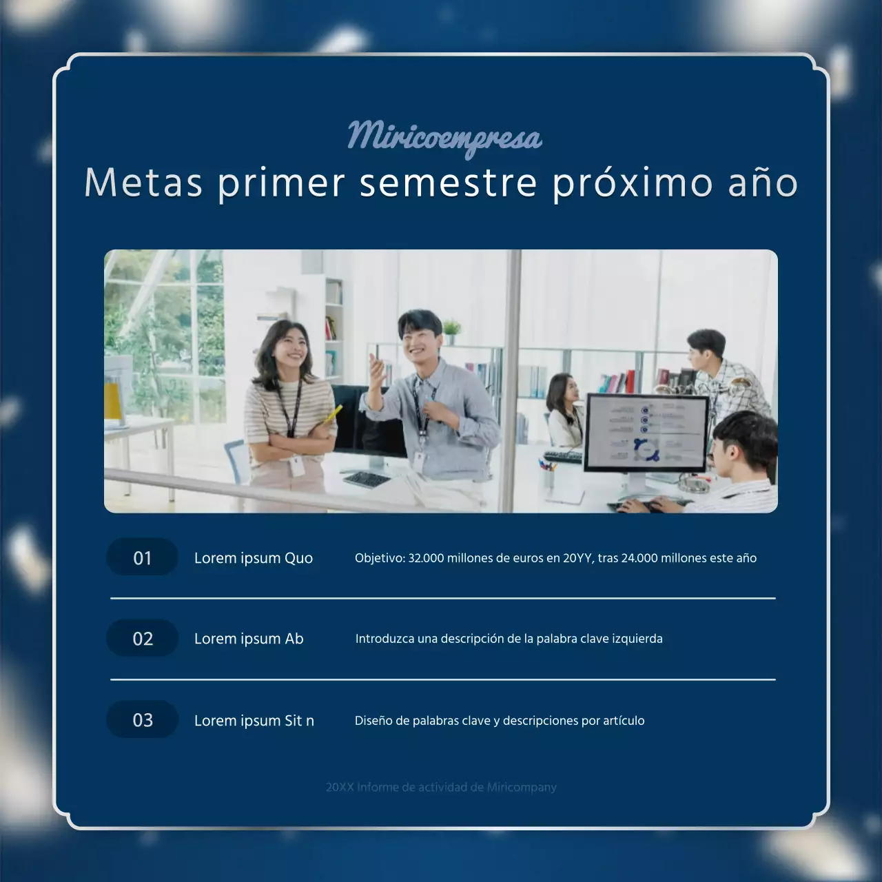 Un lujoso puesto para el informe de resultados de fin de año en azul marino y plata