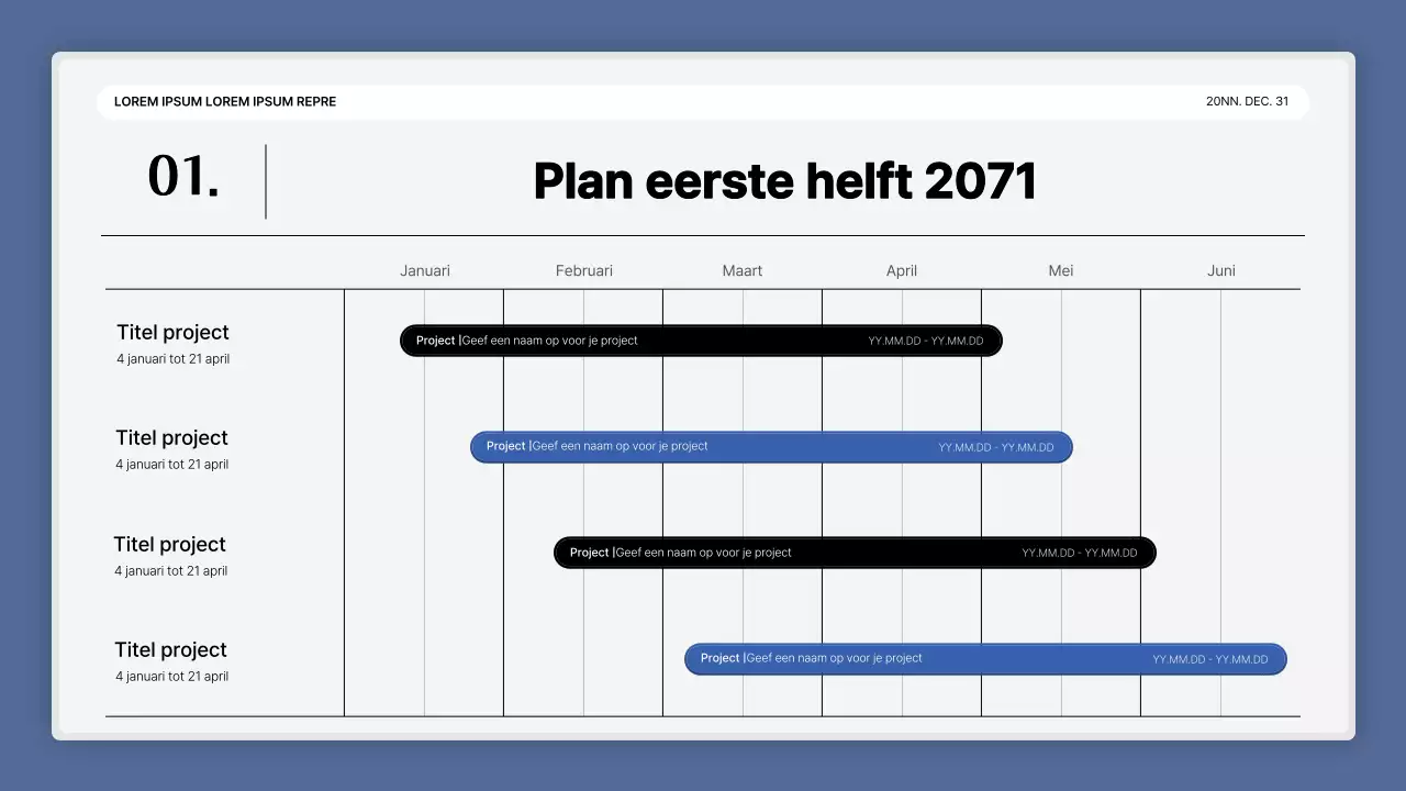Een eenvoudige blauw-witte prestatiepresentatie en verslag van het eindejaarsevenement