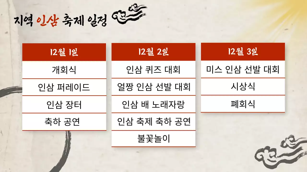 빨강과 베이지색의 전통적인 인삼축제 소개서