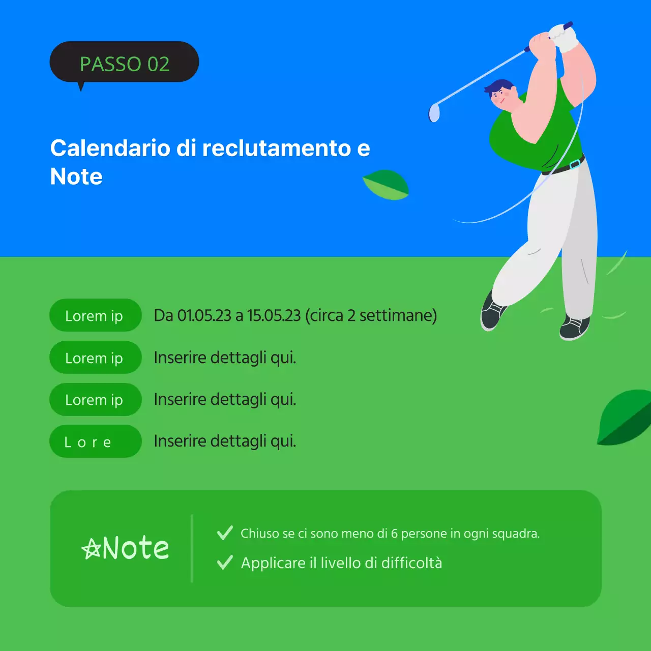 Pubblicità minimalista di mazze da golf in verde e blu