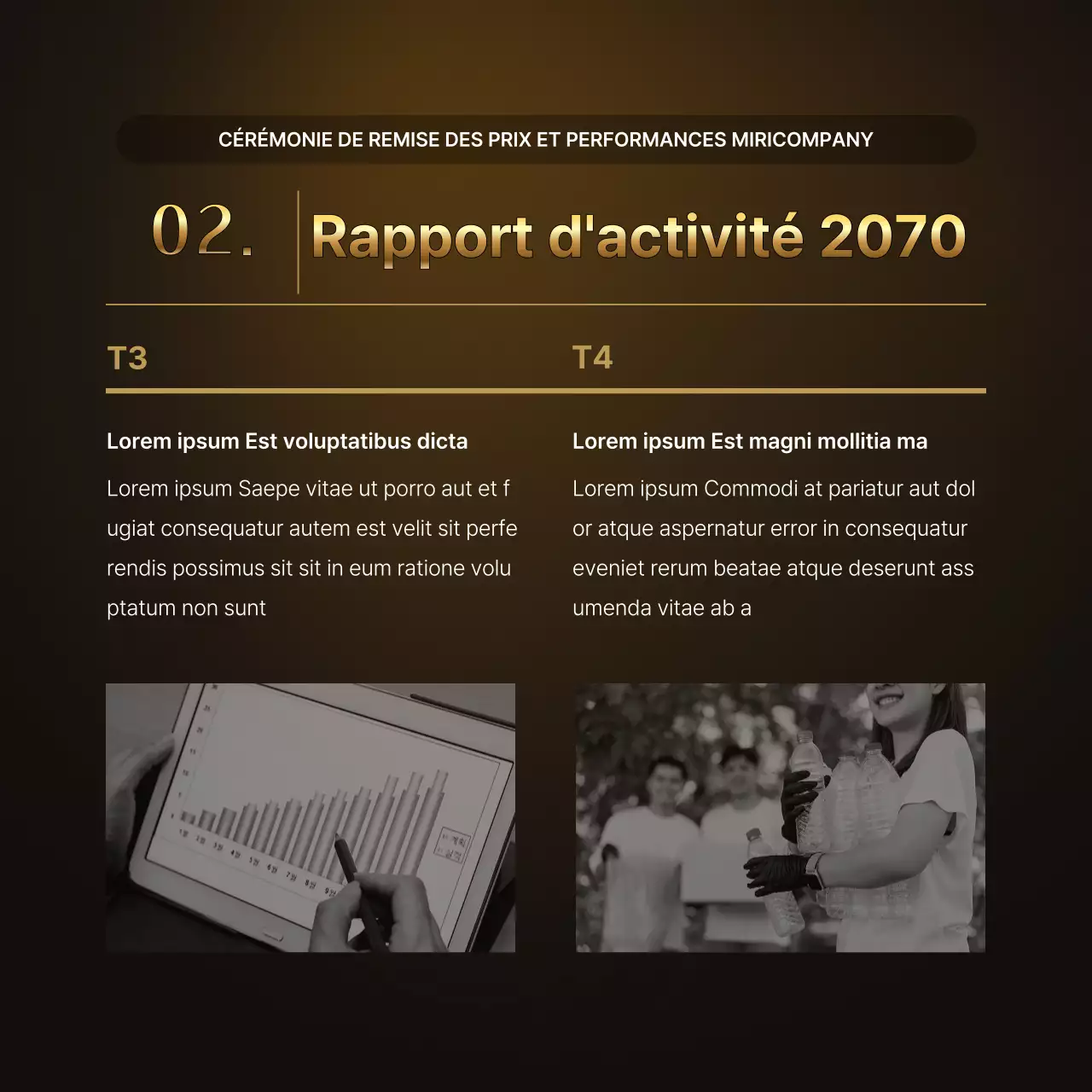 Présentations des performances de l'or et du brun de luxe et rapports sur les événements de fin d'année