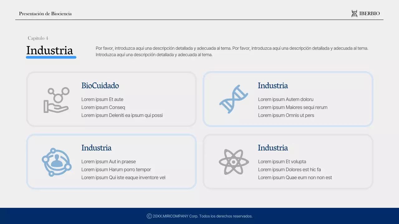 Moderno perfil de empresa sanitaria y farmacéutica en azul marino y azul