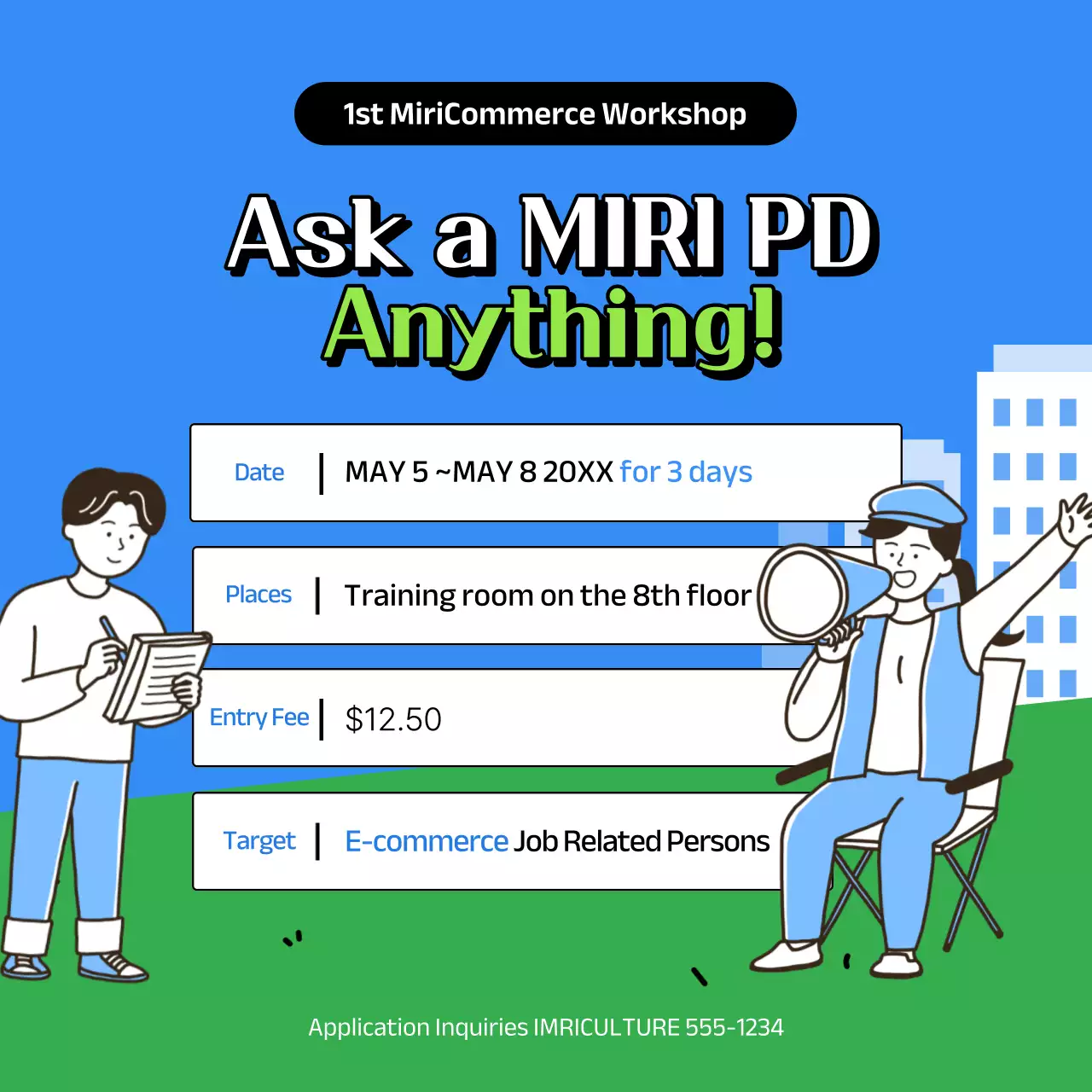 블루 모던 워크숍 공지 소셜 미디어 게시물