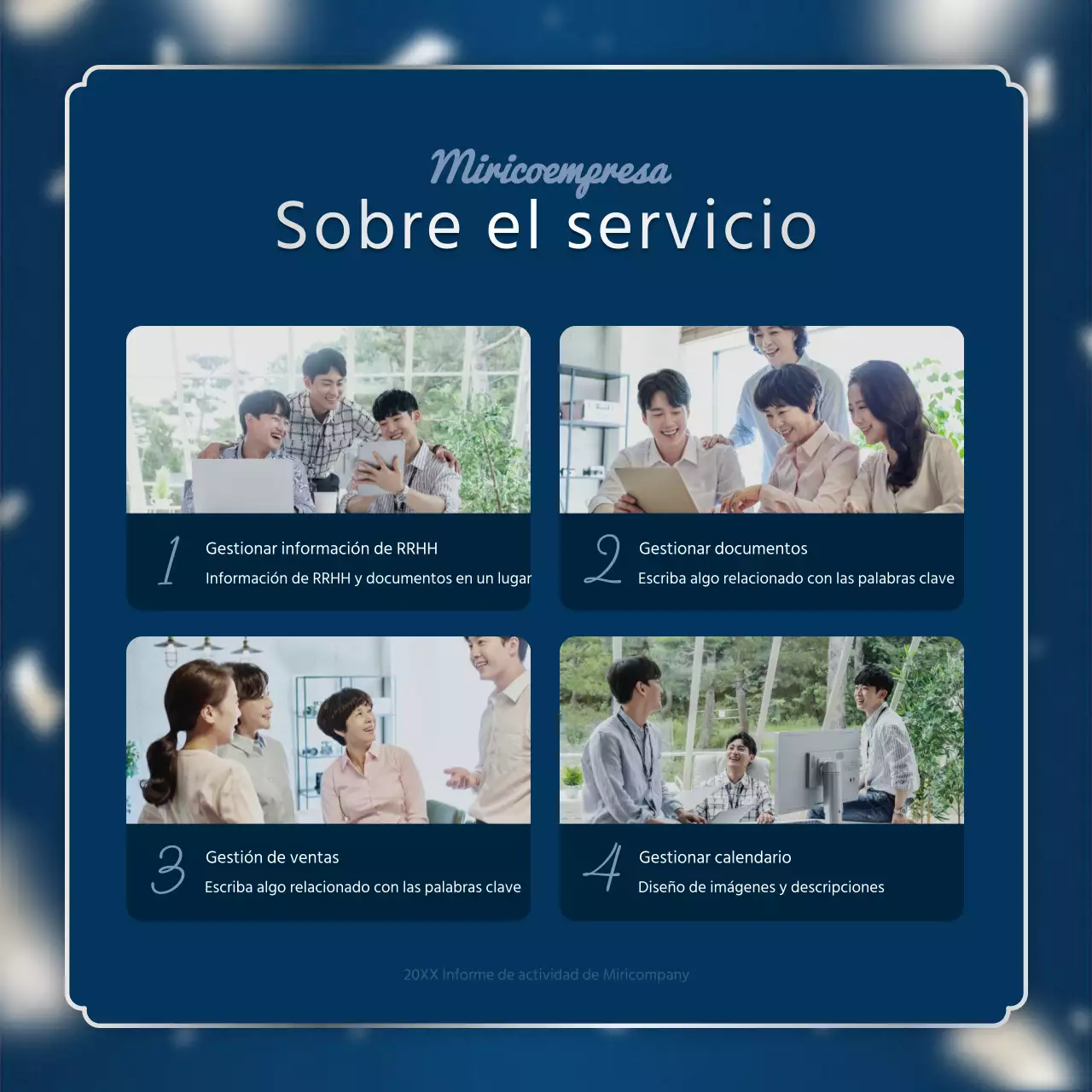 Un lujoso puesto para el informe de resultados de fin de año en azul marino y plata