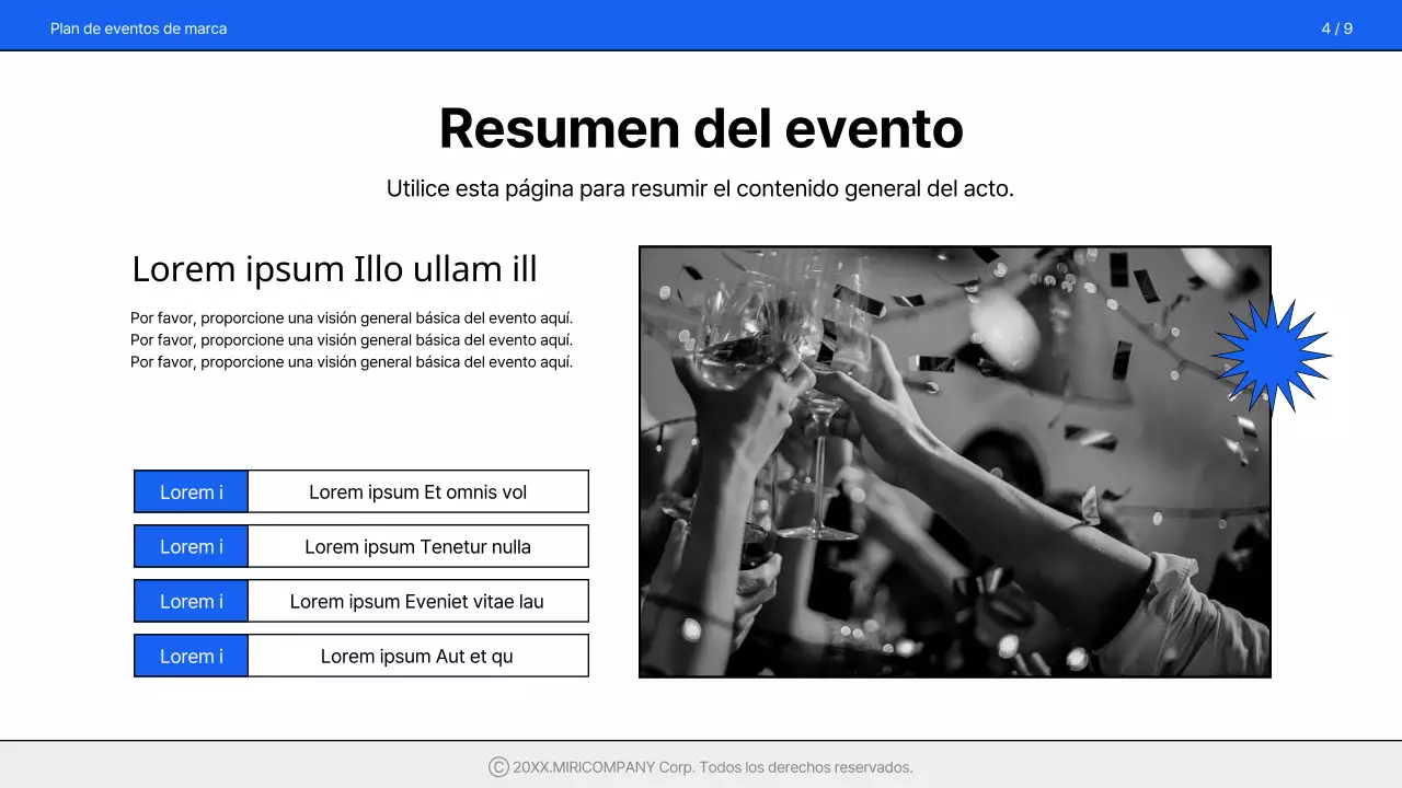Una propuesta de evento sencilla y de marca en azul y blanco