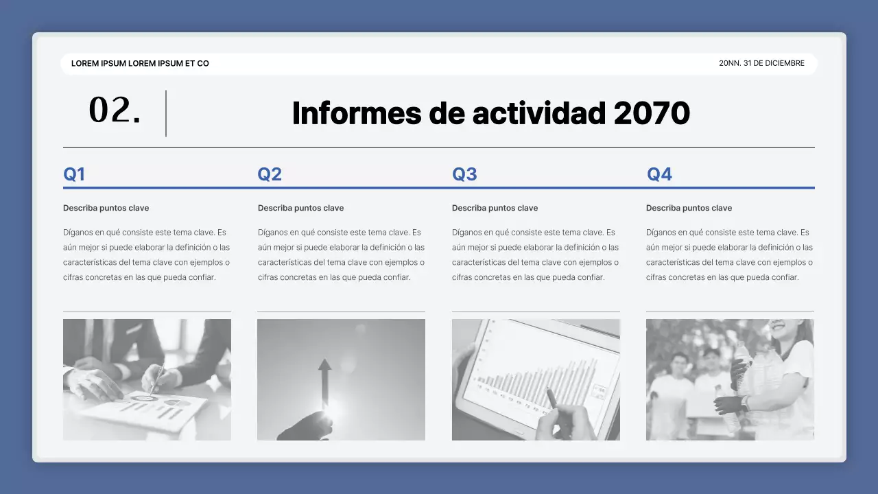 Una sencilla presentación en blanco y azul y un informe de fin de año